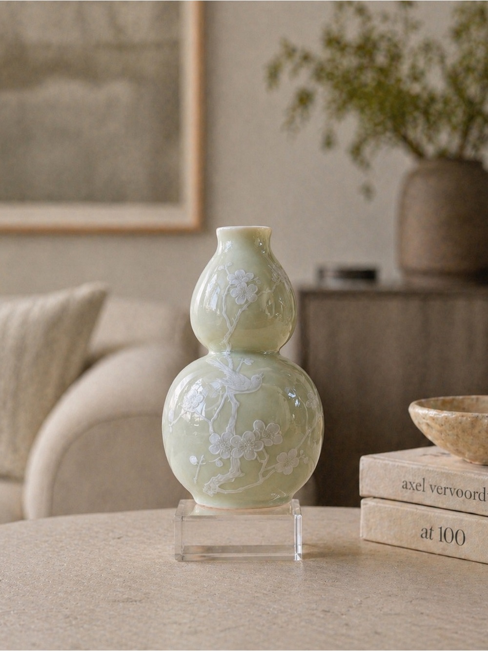 19c Celadon Hulu/Double-Gourd Porcelain Vase Bird Raised Relief #0410266
